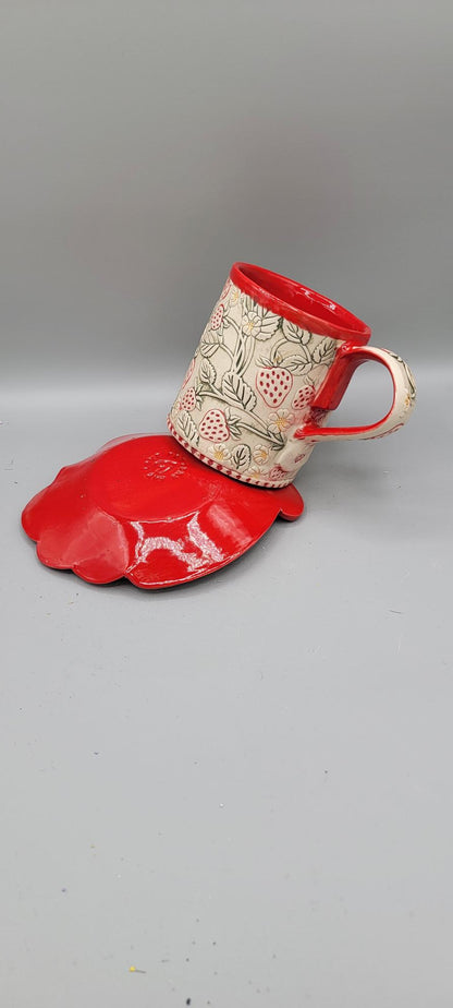 14-15oz Hand Painted, Embossed, Red Strawberries Ceramic Mug with matching saucer