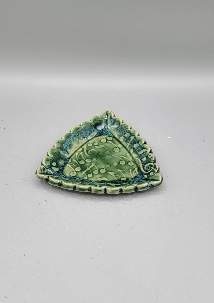 4 inch Embossed Music Notes Scalloped Triangle Trinket Dish Melting Blue Green