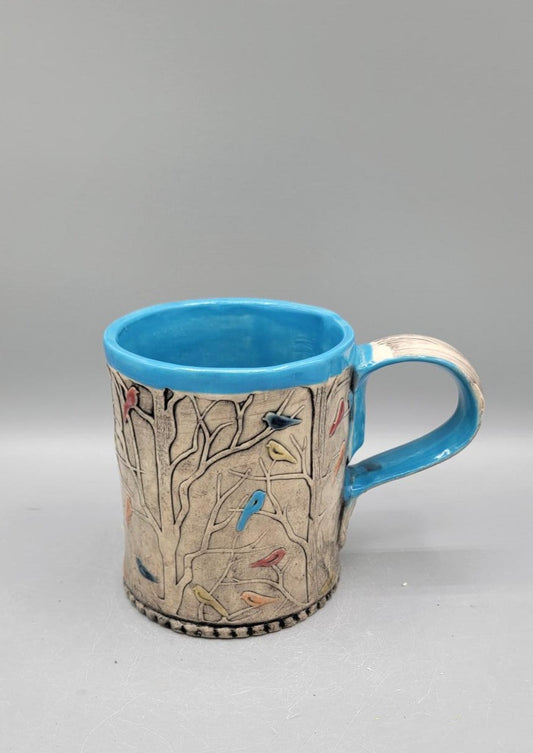 14-15oz Hand Painted, Embossed Birds in Forest Ceramic Mug