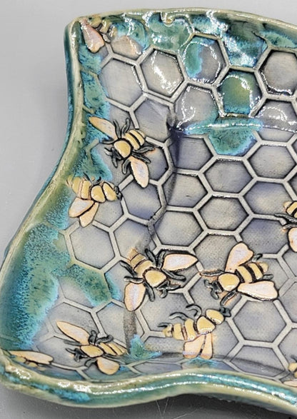 6 inch Hand Painted Embossed Bees & Honeycomb Fancy Square Trinket Dish