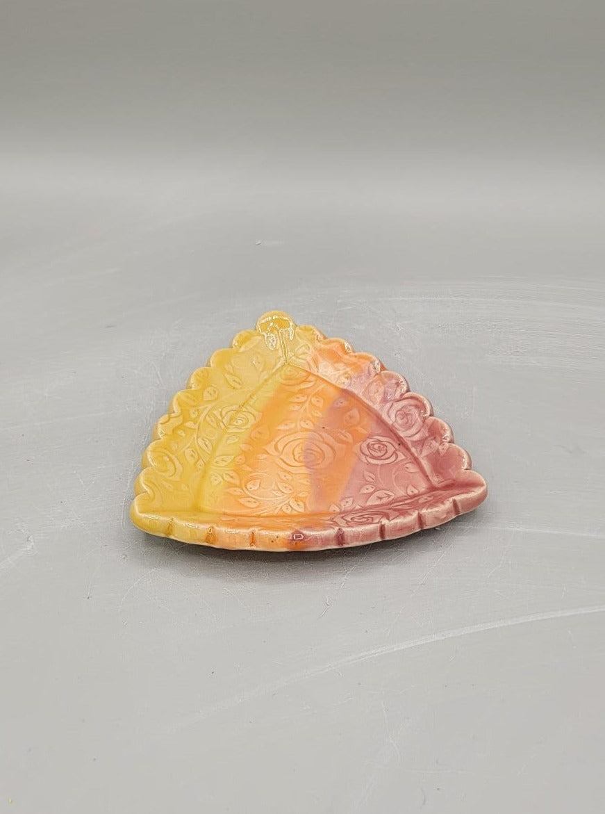 4 inch Embossed Roses Scalloped Triangle Trinket Dish Sunset Umbre