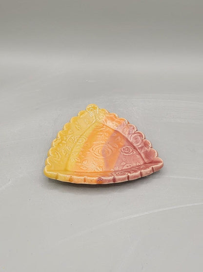4 inch Embossed Roses Scalloped Triangle Trinket Dish Sunset Umbre