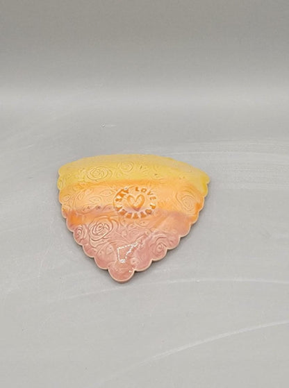 4 inch Embossed Roses Scalloped Triangle Trinket Dish Sunset Umbre