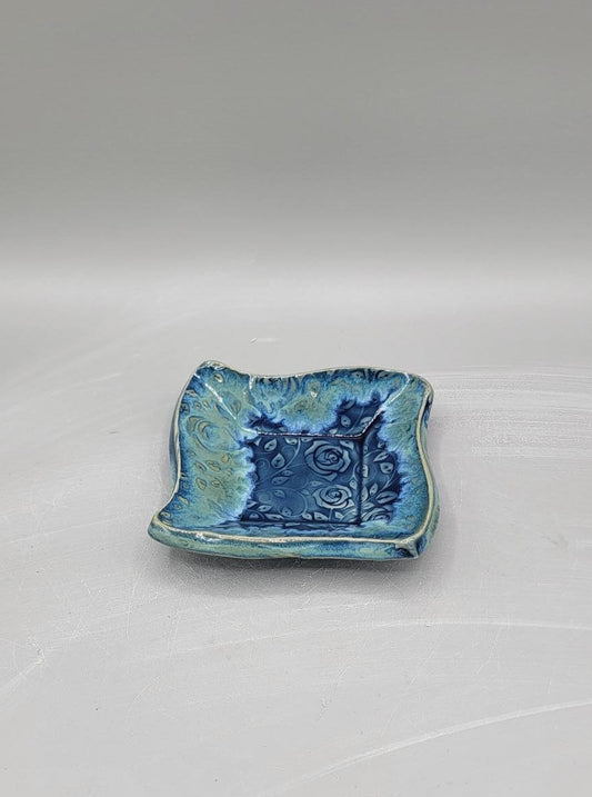 4 inch Embossed Roses Curvy Square Trinket Dish Blue Caribbean