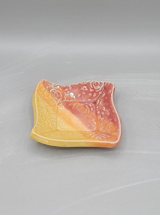 4 inch Embossed Roses Curvy Square Trinket Dish Sunset Umbre