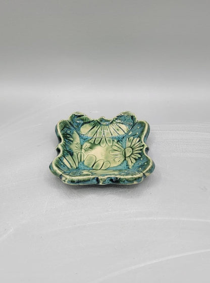 4 inch Embossed Daises Fancy Square Trinket Dish Blue Dream