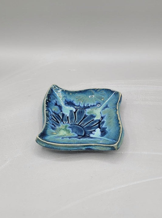 4 inch Embossed Daises Curvy Square Trinket Dish Blue Caribbean