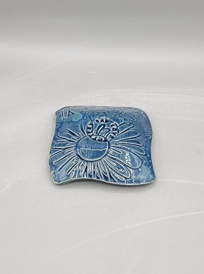 4 inch Embossed Daises Curvy Square Trinket Dish Blue Caribbean