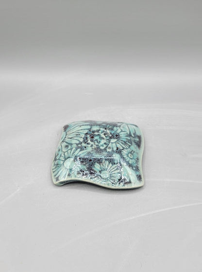 4 inch Embossed Daises Curvy Square Trinket Dish Minty Petals