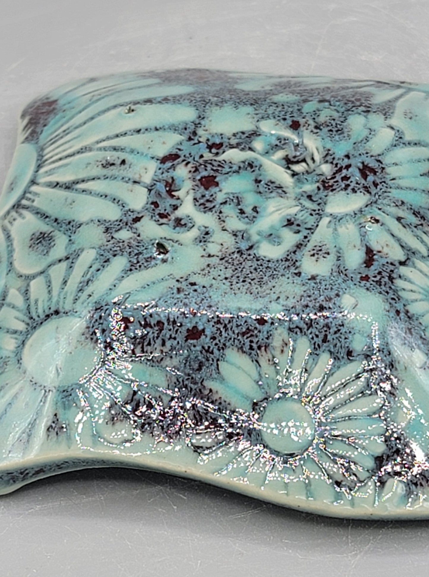 4 inch Embossed Daises Curvy Square Trinket Dish Minty Petals