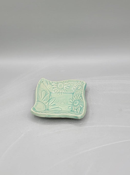 4 inch Embossed Daises Curvy Square Trinket Dish Minty Dreams