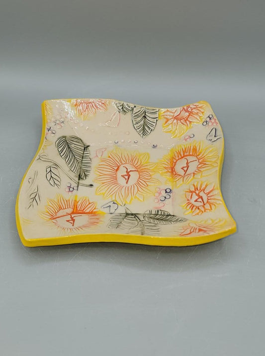 7 inch hand Painted Embossed Sunflowers with Dancers Curvy Square Trinket Dish #1