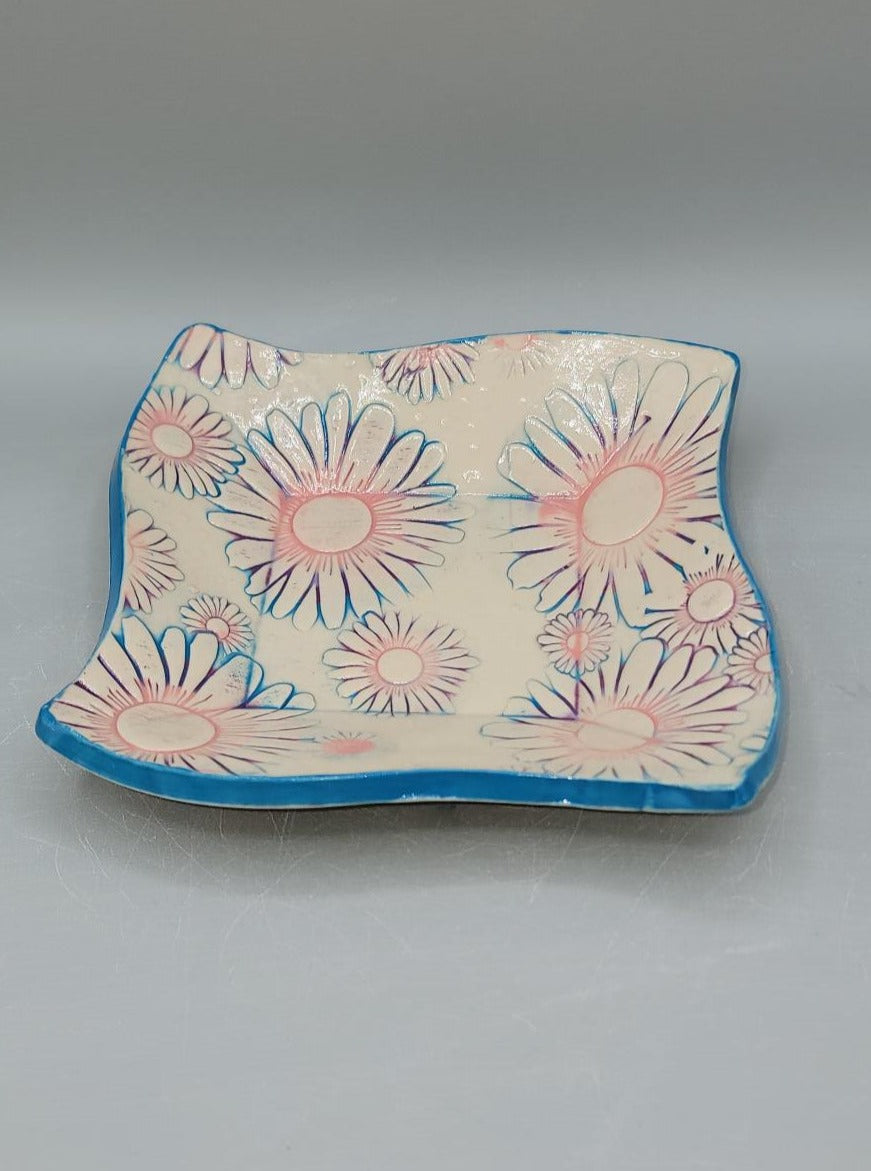 7 inch hand Painted Embossed Daises Curvy Square Trinket Dish in Cotton Candy