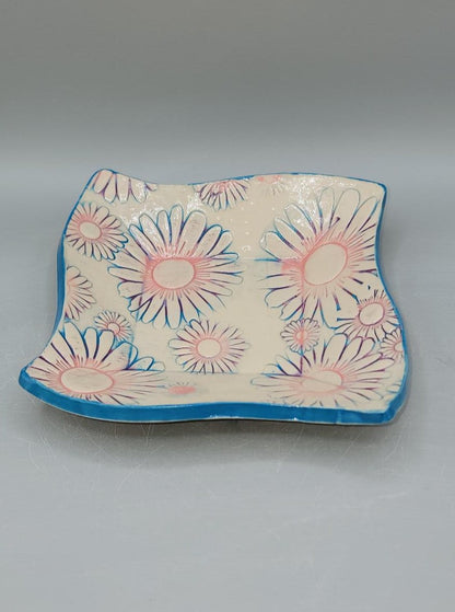 7 inch hand Painted Embossed Daises Curvy Square Trinket Dish in Cotton Candy