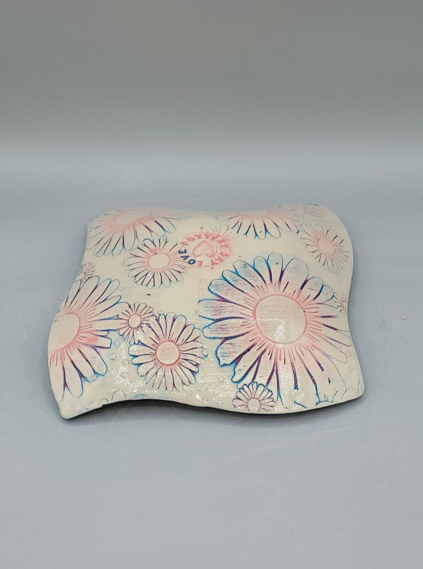 7 inch hand Painted Embossed Daises Curvy Square Trinket Dish in Cotton Candy