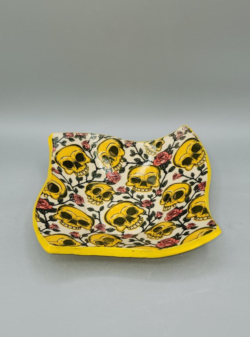 7 inch Embossed & Decal Skulls Curvy Square Trinket Dish Yellow