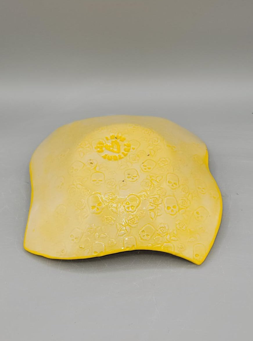 7 inch Embossed & Decal Skulls Curvy Square Trinket Dish Yellow