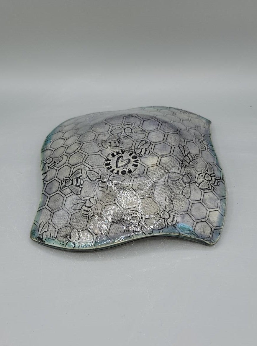 7 inch hand Painted Embossed Bees & Honeycomb Curvy Square Trinket Dish in Alice Dreams