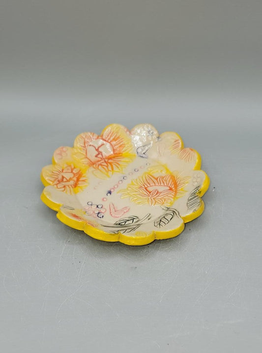 5 inch Hand Painted Embossed Sunflowers with Dancers Scalloped Circle Trinket Dish #1