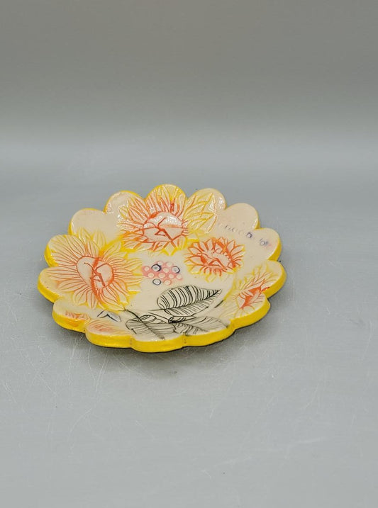 5 inch Hand Painted Embossed Sunflowers with Dancers Scalloped Circle Trinket Dish #2