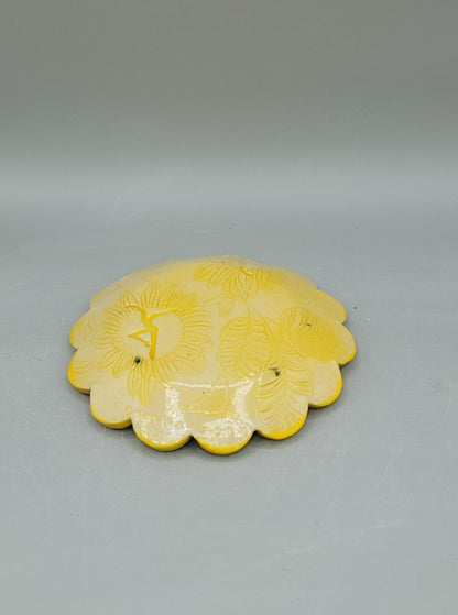 5 inch Hand Painted Embossed Sunflowers with Dancers Scalloped Circle Trinket Dish #2