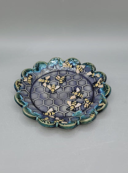 6 inch Hand Painted Embossed Bees & Honeycombs Scalloped Circle Trinket Dish in Alice Dreams