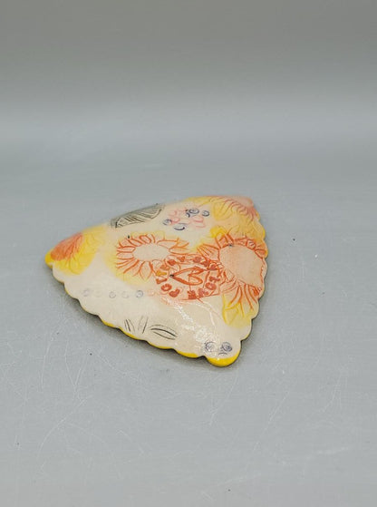 4 inch Hand Painted Embossed Sunflowers Scalloped Triangle Trinket Dish