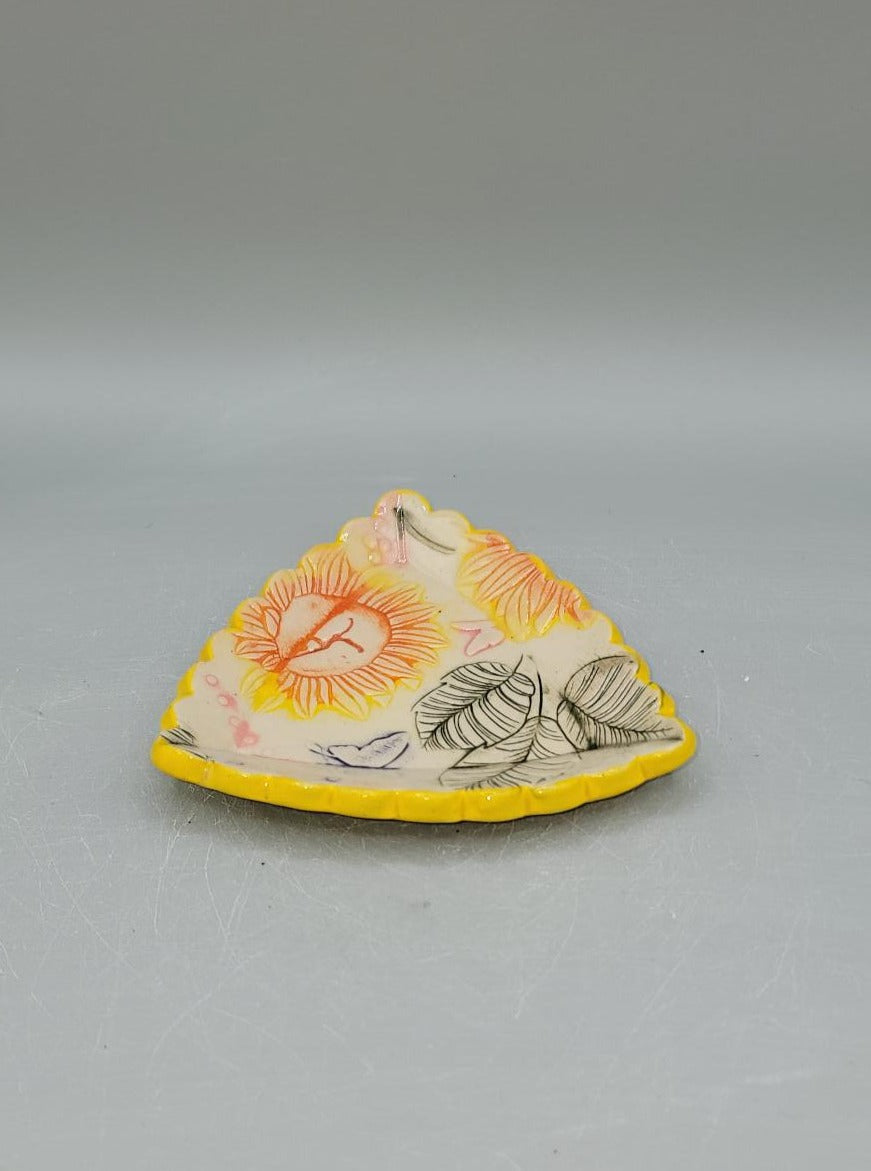 4 inch Hand Painted Embossed Sunflowers & Dancer Scalloped Triangle Trinket Dish