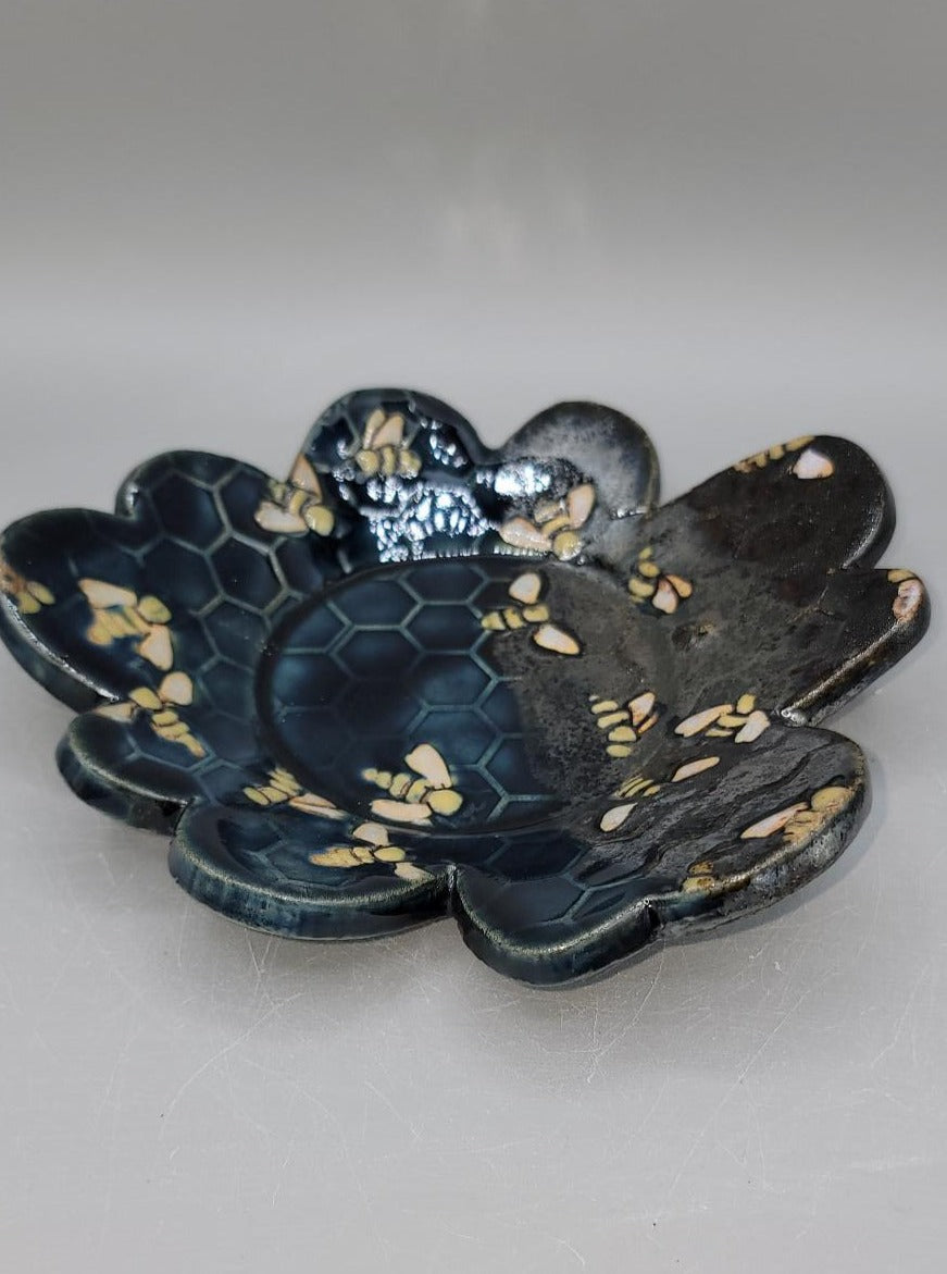 7 inch hand Painted Embossed Bees & Honeycomb Flower Shaped Trinket Dish in Black Sand Beach