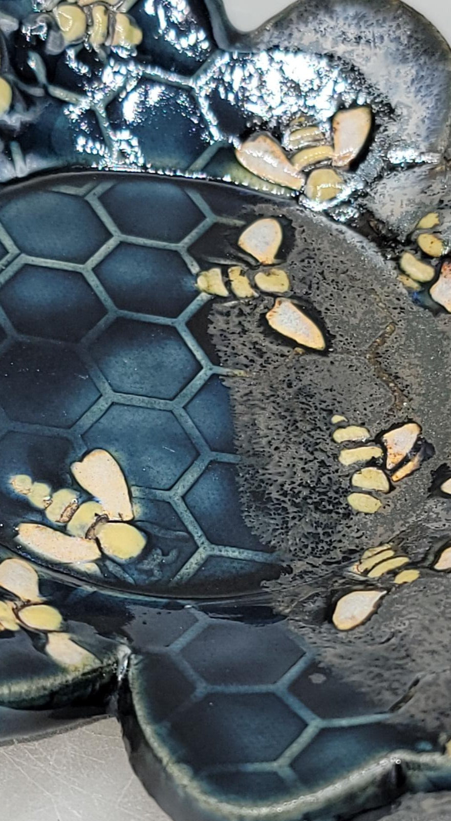 7 inch hand Painted Embossed Bees & Honeycomb Flower Shaped Trinket Dish in Black Sand Beach