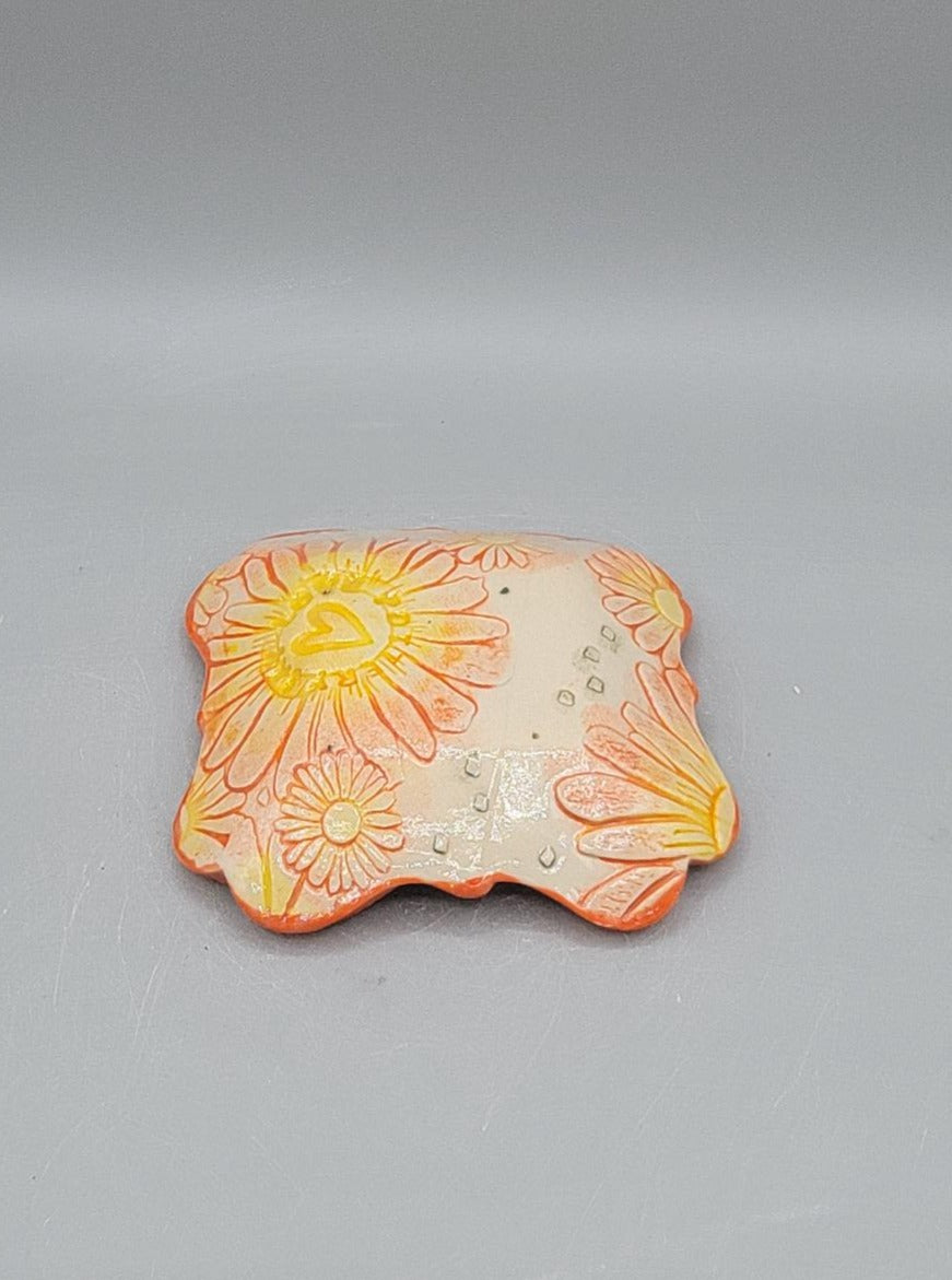 4 inch Hand Painted Embossed Daises Fancy Square Trinket Dish Sun Shine