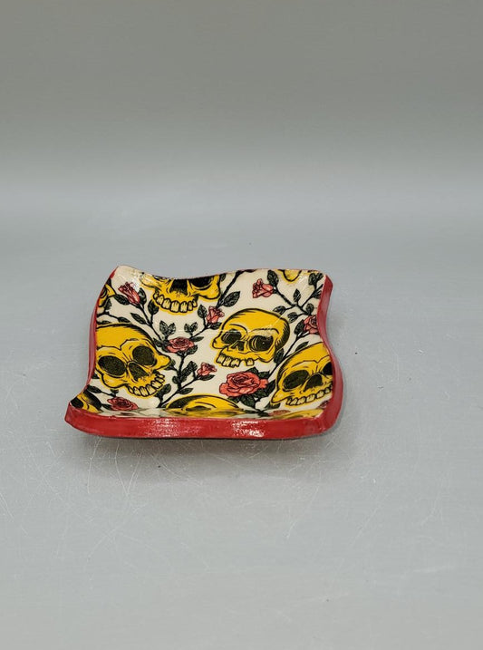 4 inch Embossed & Decal Skulls Curvy Square Trinket Dish Red