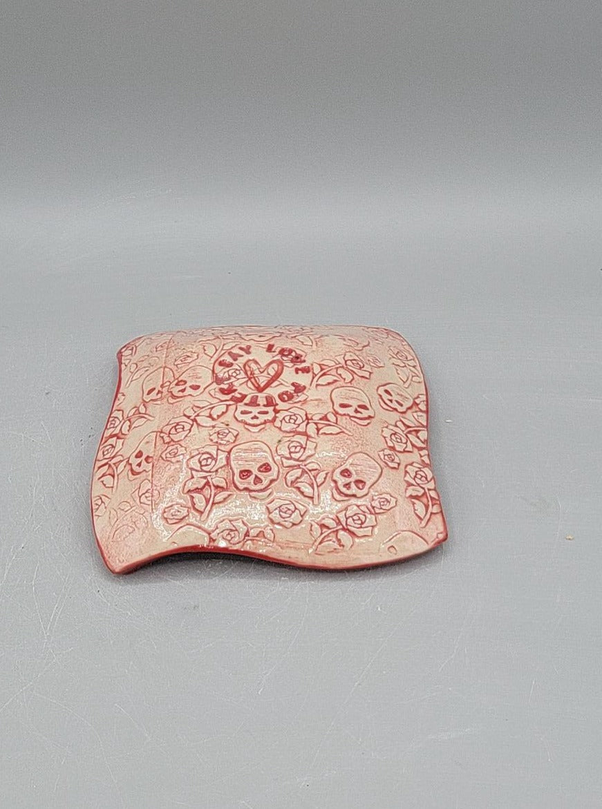 4 inch Embossed & Decal Skulls Curvy Square Trinket Dish Red