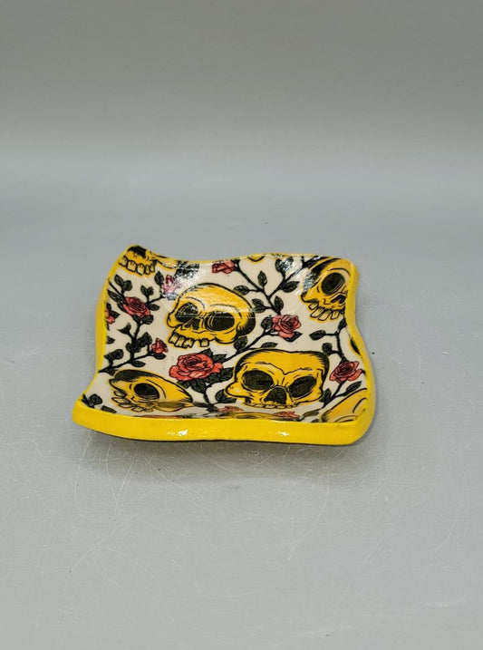 4 inch Embossed & Decal Skulls Curvy Square Trinket Dish Yellow