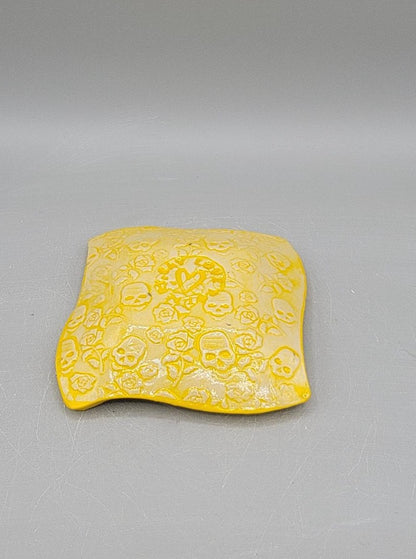 4 inch Embossed & Decal Skulls Curvy Square Trinket Dish Yellow