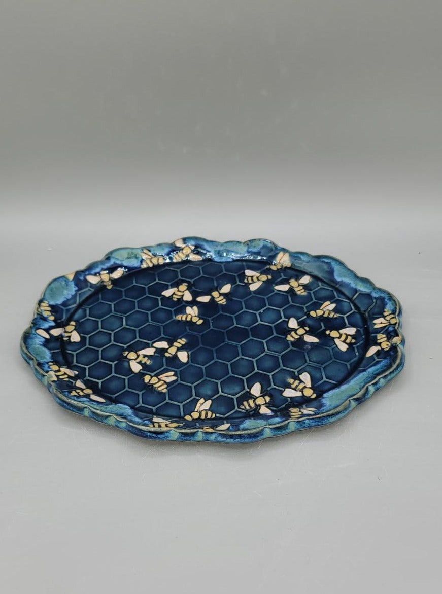 9.5x7 inch Hand Painted Embossed Bees & Honeycomb Fancy Oval Serving Tray