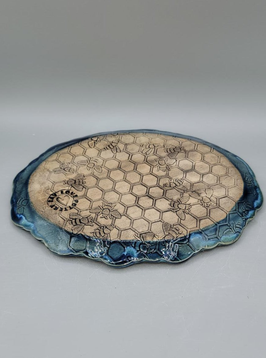 9.5x7 inch Hand Painted Embossed Bees & Honeycomb Fancy Oval Serving Tray