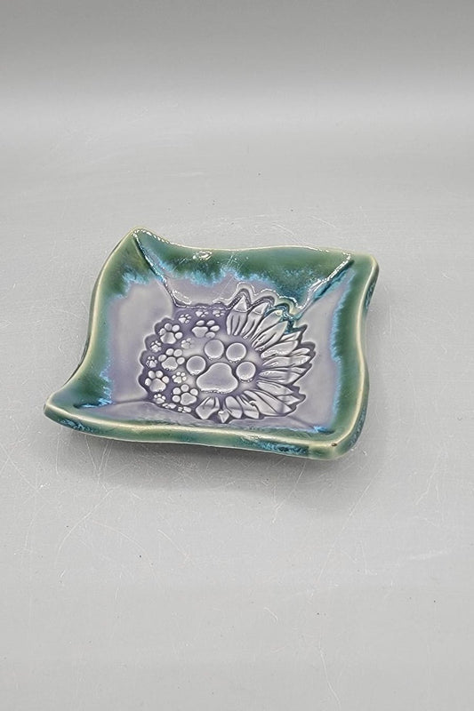 4 inch Imprinted Sunflower & Paw Prints Fancy Square Trinket Dish