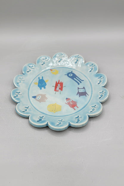 5 inch Hand Painted Dancing Dave Monsters Scalloped Circle Trinket Dish