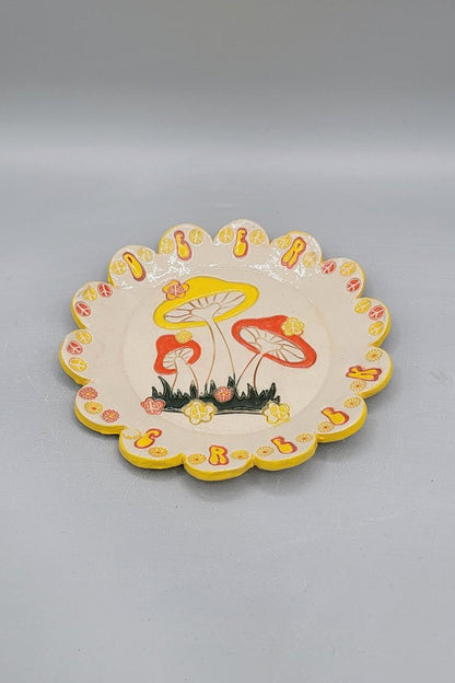 5 inch Hand Painted Deer Creek Mushrooms  Scalloped Circle Trinket Dish #1