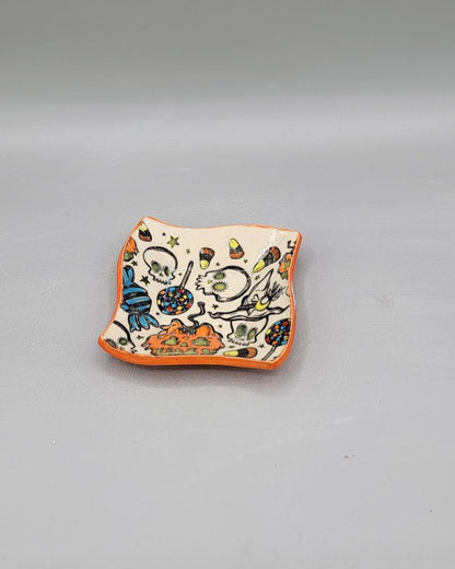 4 inch Hand Painted Spooky Fancy Square Trinket Dish in Bright Orange