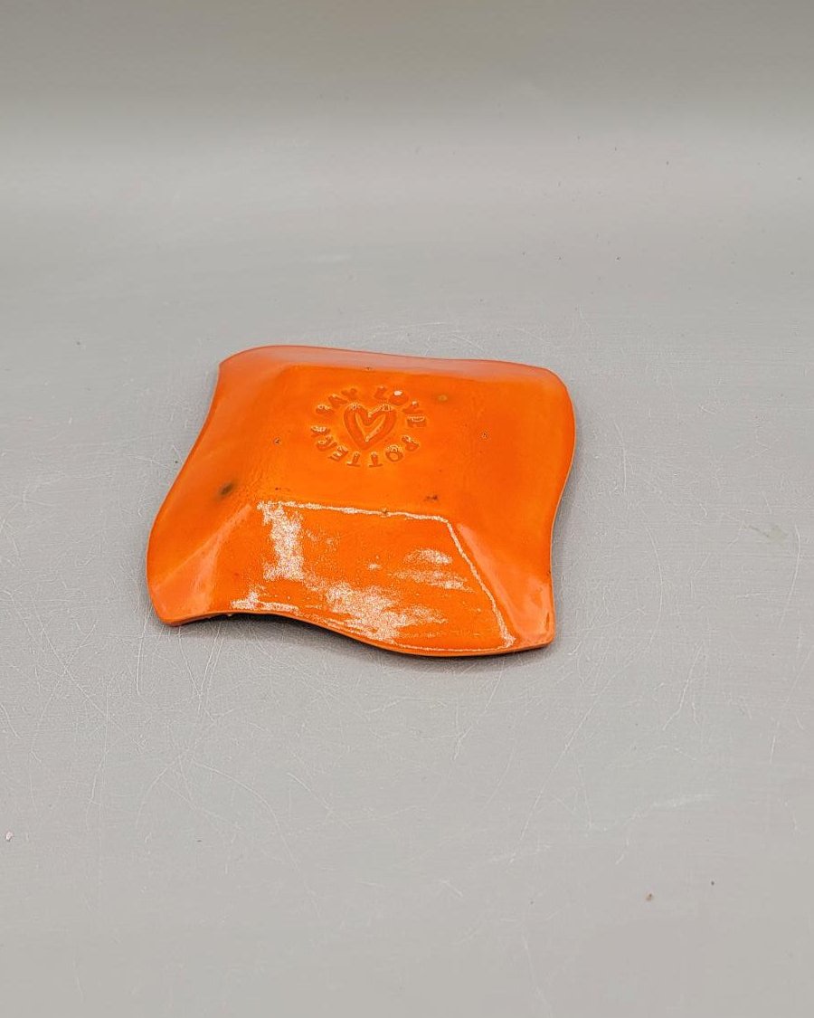 4 inch Hand Painted Spooky Fancy Square Trinket Dish in Bright Orange