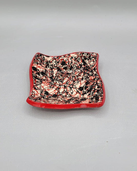 4 inch Skeletons & Roses Fancy Square Trinket Dish in Bright Red