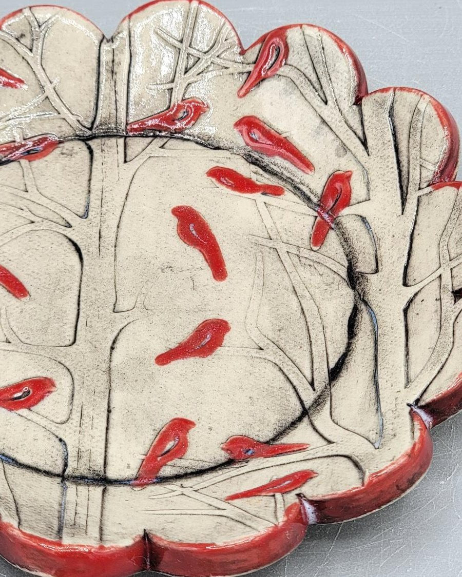 5 inch Hand Painted Embossed Cardinals in Forest Fancy Circle Trinket Dish in Red