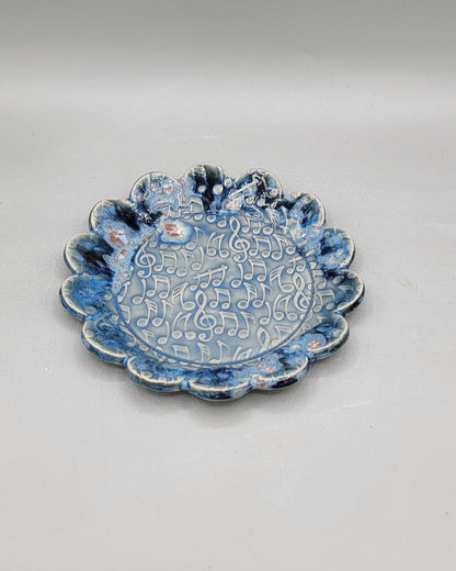 6 inch Embossed Music Notes Fancy Circle Trinket Dish in Blue Galaxy