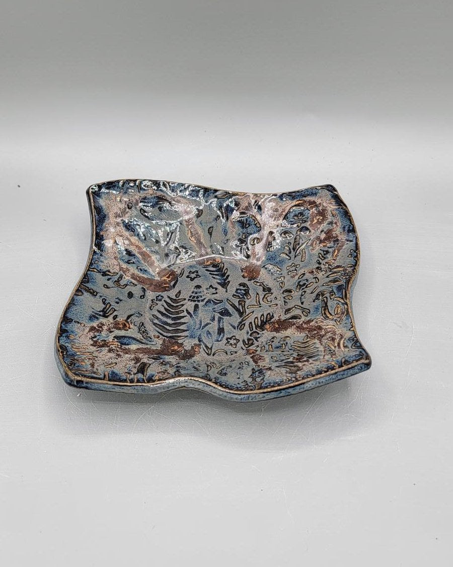 7 inch Embossed Mushrooms Fancy Square Trinket Dish in Midnight Skies