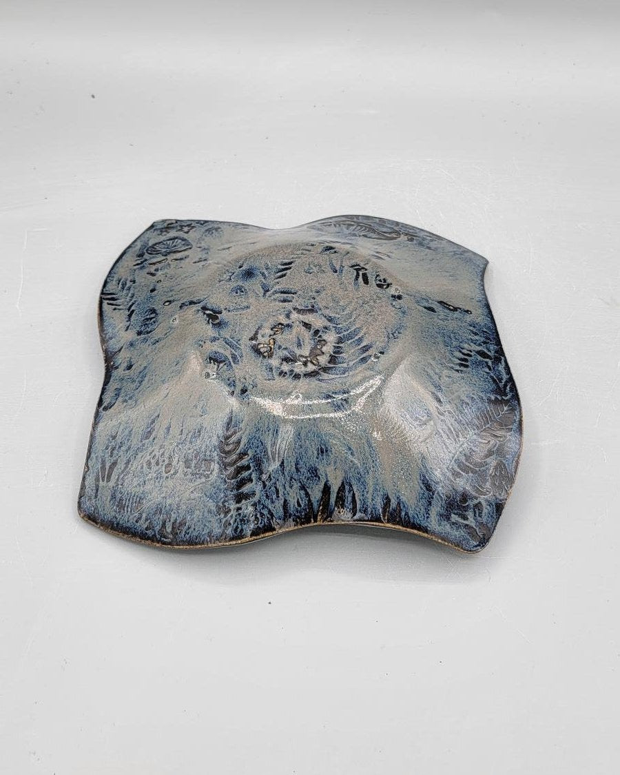 7 inch Embossed Mushrooms Fancy Square Trinket Dish in Midnight Skies