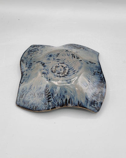 7 inch Embossed Mushrooms Fancy Square Trinket Dish in Midnight Skies