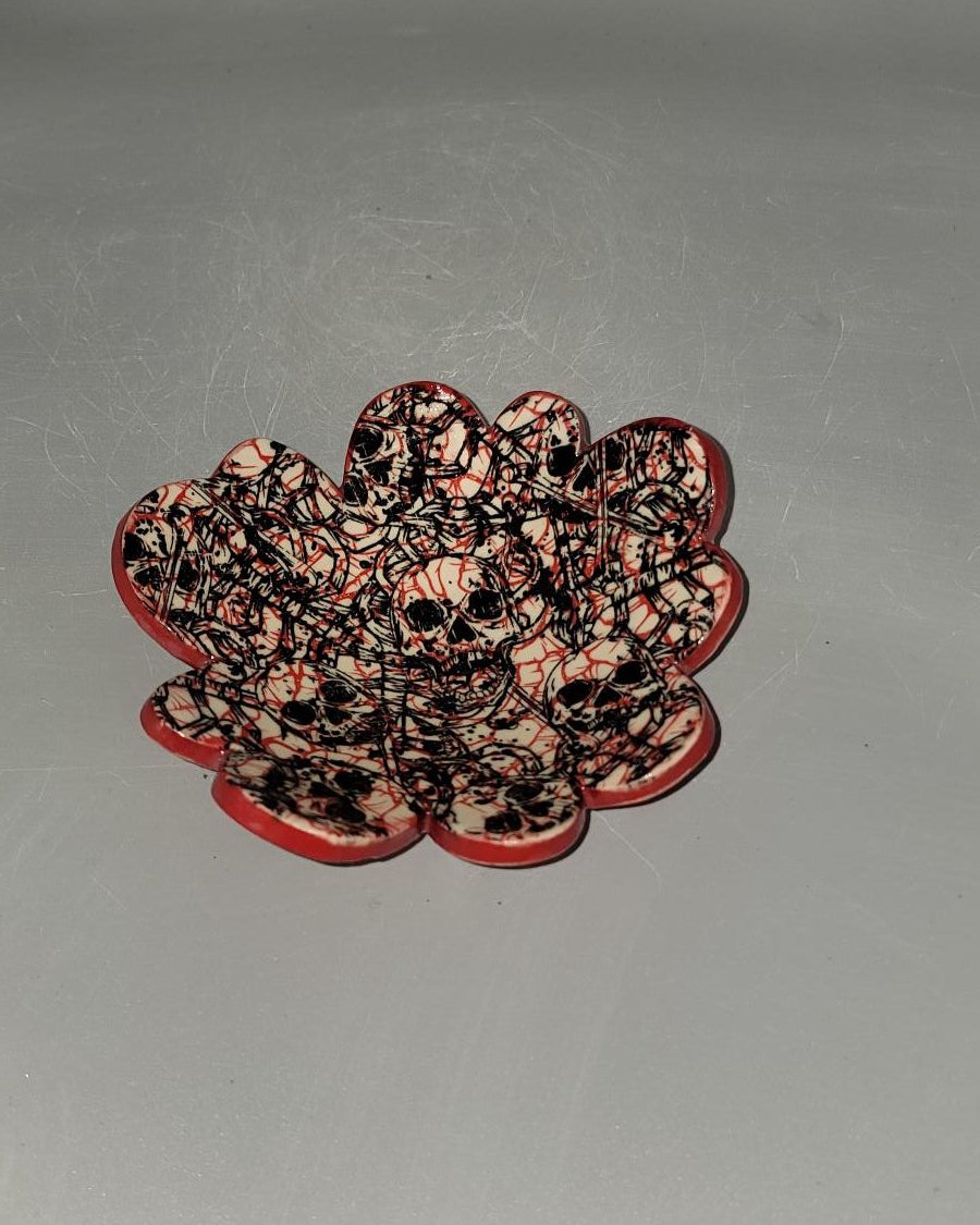 5 inch Skeleton & Roses Flowered Shaped Circle Trinket Bowl in Bright Red