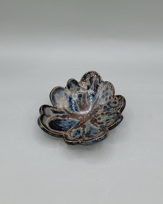 5 inch Flowered Shaped Circle Trinket Bowl in Midnight Skies